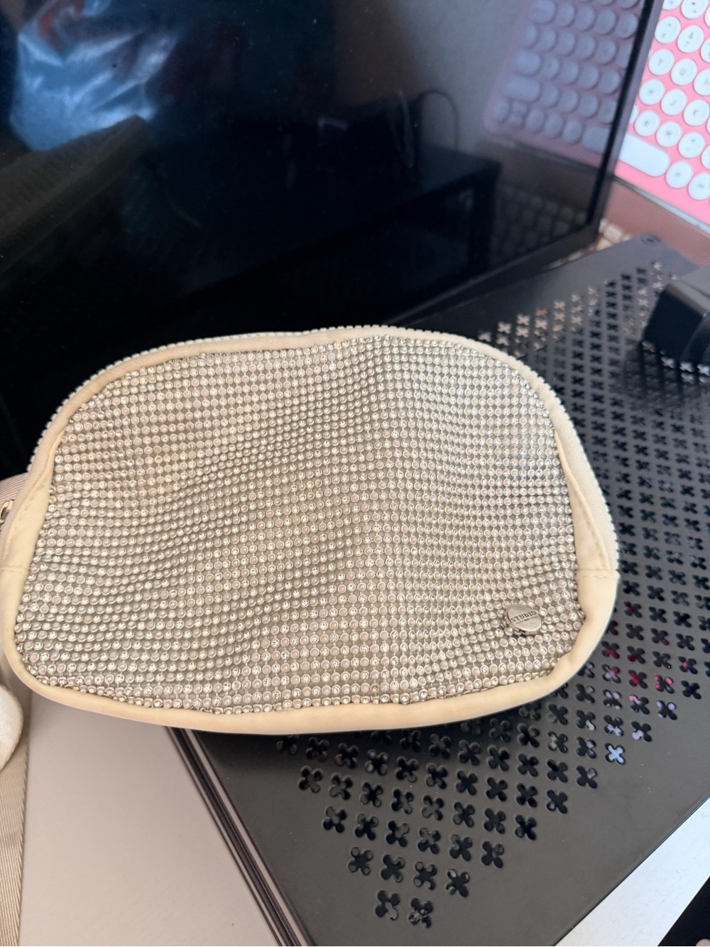 Studio Rhinestone-Embellished Cream Crossbody Pouch